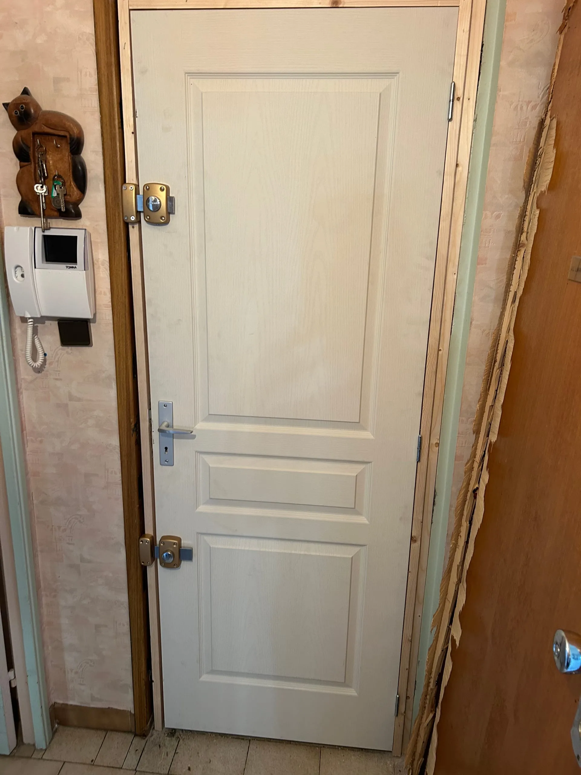 Porte intérieure blanche à panneaux équipée de deux serrures et d’un visiophone dans un logement.