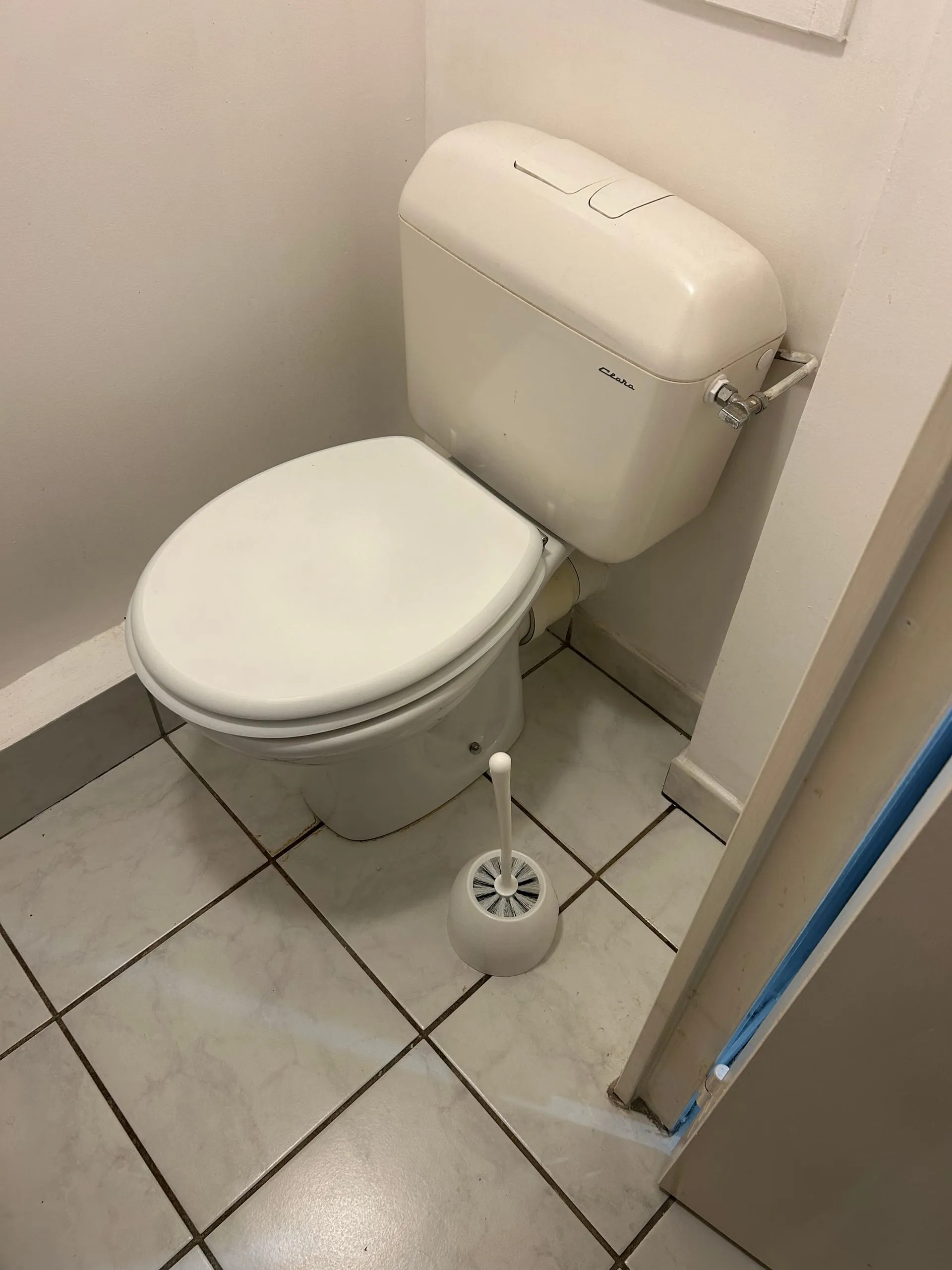 Ancien WC blanc avec réservoir apparent dans une petite pièce carrelée.